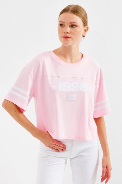 4322 Baskılı Oversize Basic Tişört - Pembe