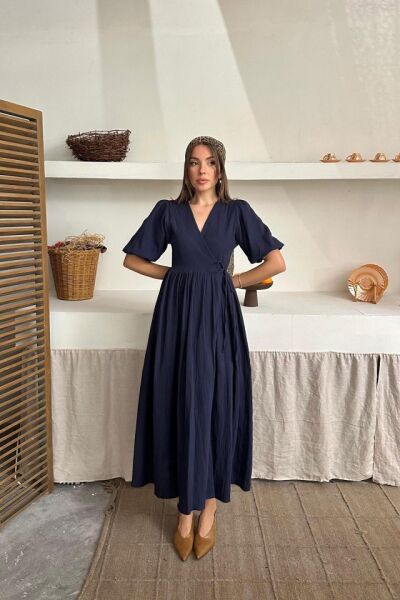 Lacivert Müslin Uzun Elbise