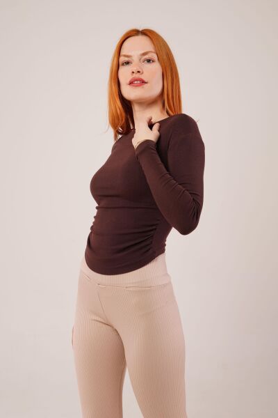 Yaka Detay Uzun Kollu Basic Kahverengi Bluz