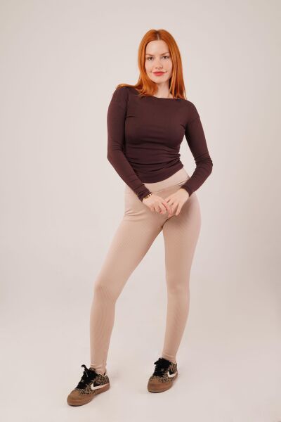 Yaka Detay Uzun Kollu Basic Kahverengi Bluz