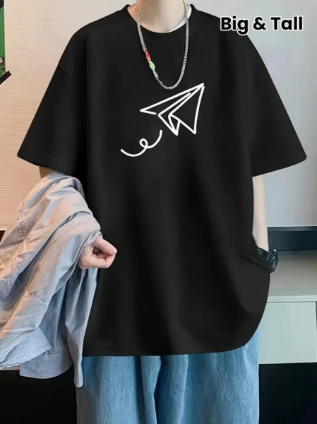 Baskılı Oversize Bisiklet Yaka T-shirt - Siyah