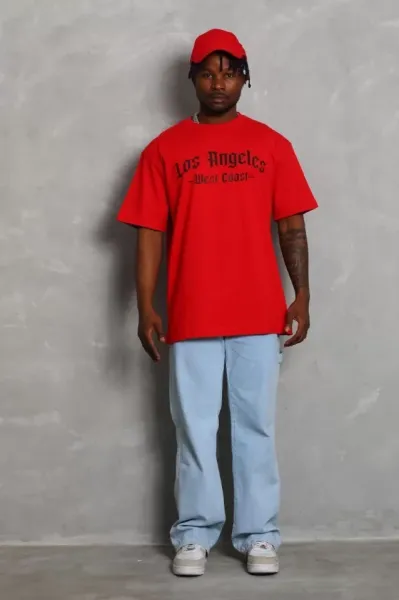 Unisex Oversize Baskılı Bisiklet Yaka T-Shirt - Kırmızı