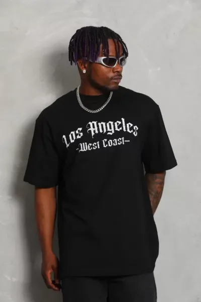 Unisex Oversize Baskılı Bisiklet Yaka T-Shirt - Siyah