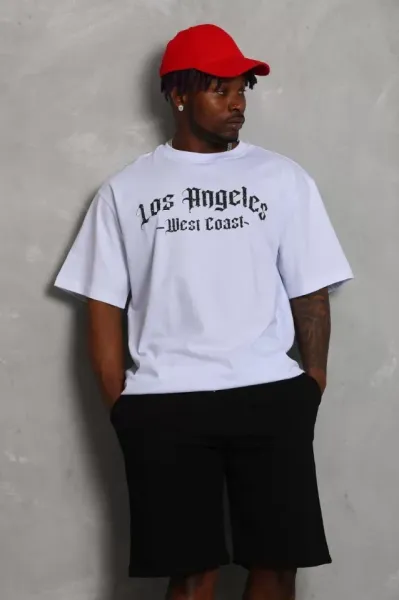 Unisex Oversize Baskılı Bisiklet Yaka T-Shirt - Beyaz