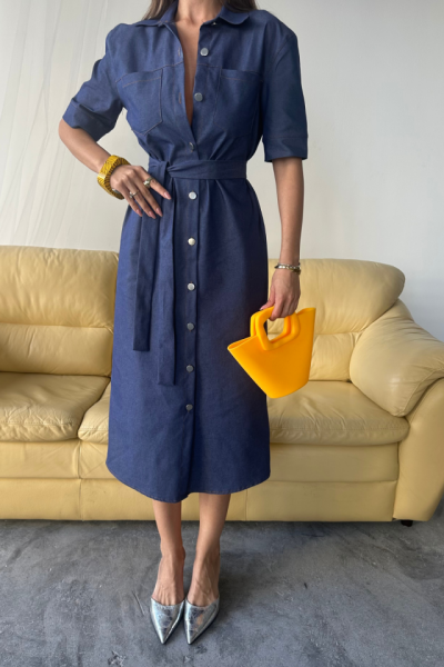 TENCEL ÖNDEN DÜĞMELİ KISA KOL ELBİSE - Mavi