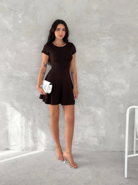 Kısa Kollu Mini Elbise - Kahverengi