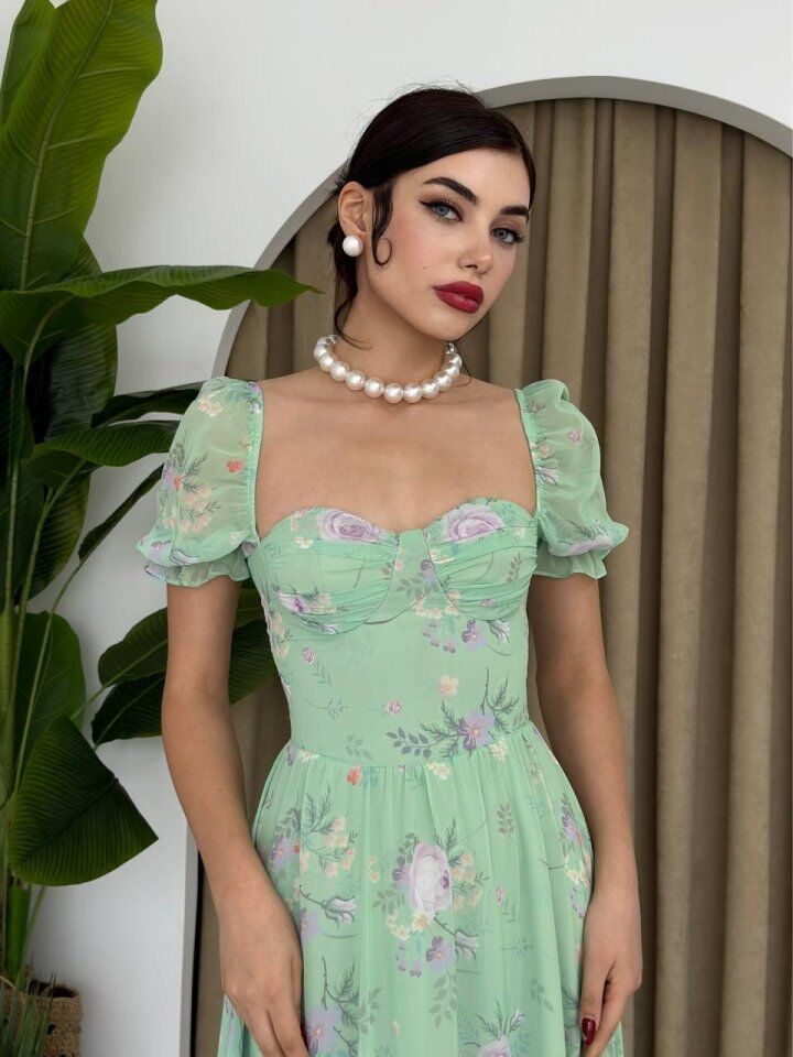 ŞİFON KUMAŞ DİJİTAL DESEN BASKILI ELBİSE