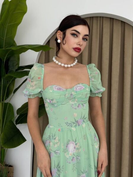 ŞİFON KUMAŞ DİJİTAL DESEN BASKILI ELBİSE