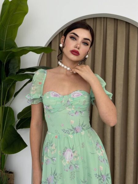 ŞİFON KUMAŞ DİJİTAL DESEN BASKILI ELBİSE