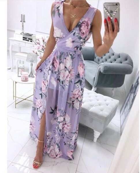 Kadın şifon Kumaş V Yaka Sıfır Kol Maxi Boy Elbise