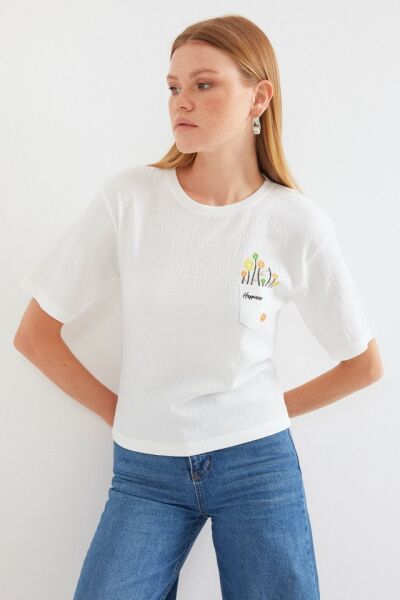 912 Baskılı Örme Basic Tişört - Beyaz