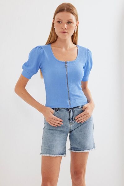 4316 Fermuarlı Örme Bluz - Mavi