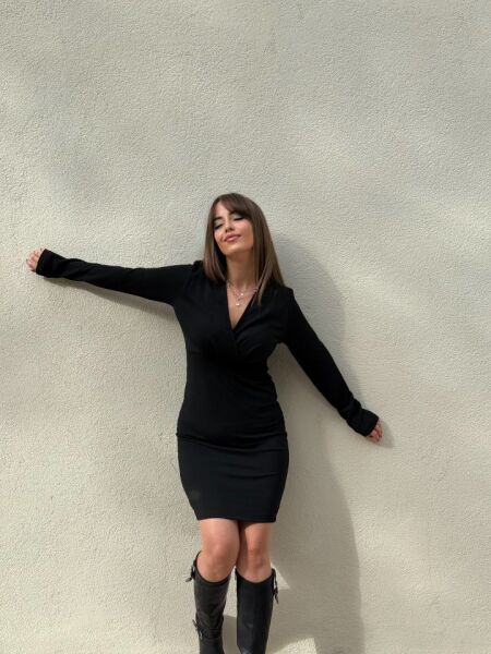 Kadın Uzun Kollu Kruvaze Yaka Krep Mini Boy Elbise