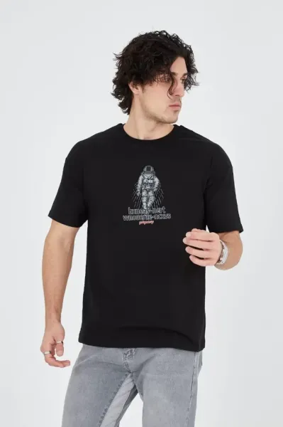 Erkek Penye Baskılı T-Shirt - Siyah