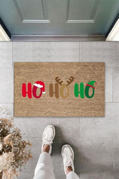 Dijital Ho Ho Ho Yazılı Kahverengi Kapı Paspası Dış Mekan Paspas K-3130