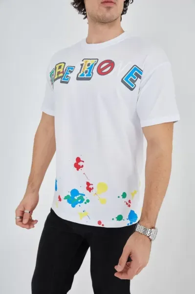Erkek Baskılı Penye T-Shirt - Beyaz