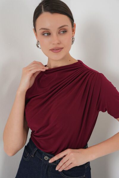 Büzgü Detaylı Kısa Kol Sandy Bluz 945 - Bordo
