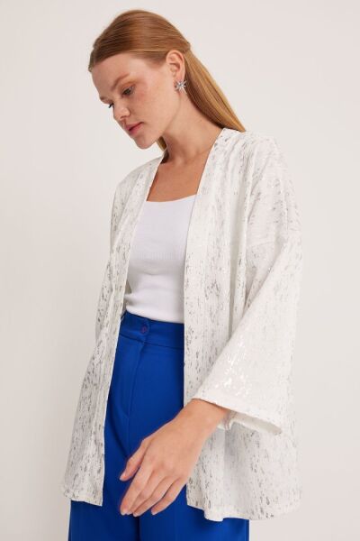 Gümüş Varaklı Örme Kimono 5925