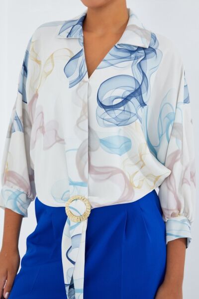 Oversize Dökümlü Crop Saten Gömlek 906 - Mavi