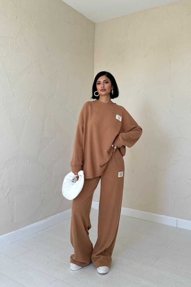Camel Klasik Fitilli Kazak Ve Pantolon Takım