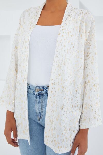 Ekru Varaklı Örme Kimono 5925