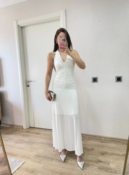 Sırt Dekolteli Uzun Kollu Elbise - Beyaz