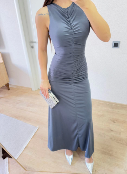 Kolsuz Büzgülü Uzun Elbise - Füme