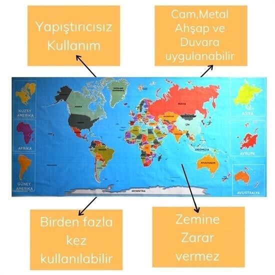 BUFFER® RenkliAtlas DünyaHaritası Manyetik Yapıştırıcı Gerektirmeyen Duvar Stickerı 118 CM * 56 CM
