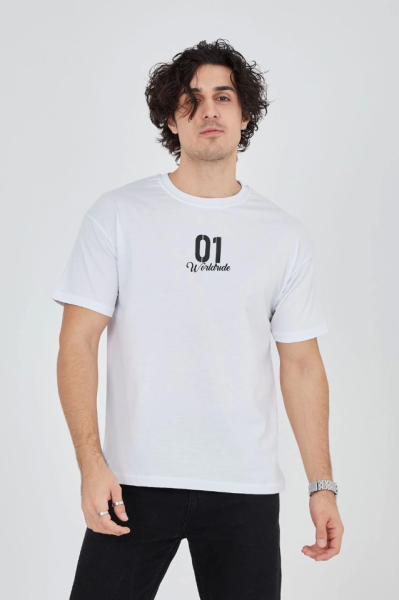 Erkek Bisiklet Yakalı Baskılı T-Shirt - Beyaz