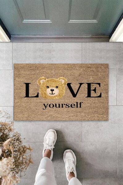 Kahverengi Kapı Önü Paspası Love Yourself Ayıcık Desen  K-3329