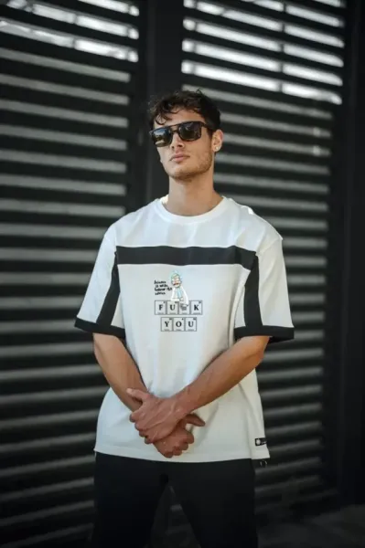 Unisex İki Yandan Fermuarlı Parçalı Baskılı Oversize T-shirt - Beyaz