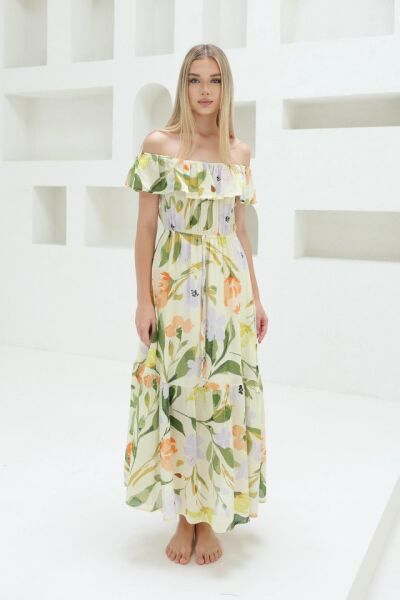 Madonna Yaka Elbise - Yeşil - Ekru