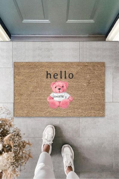 Kahverengi Kapı Önü Paspası Pembe Ayı Desen  K-3286