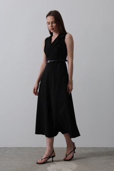 Sıfır Kollu Kemer Detaylı Elbise - Siyah