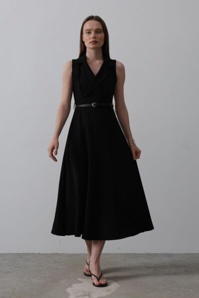 Sıfır Kollu Kemer Detaylı Elbise - Siyah
