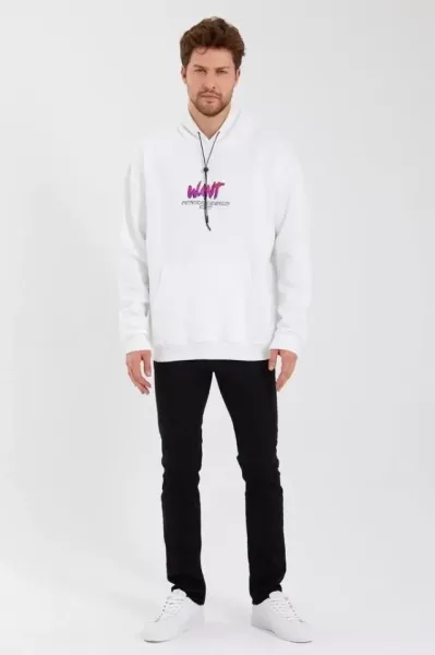 Erkek Baskılı Üç İplik Kapüşonlu Oversize Sweatshirt - Beyaz