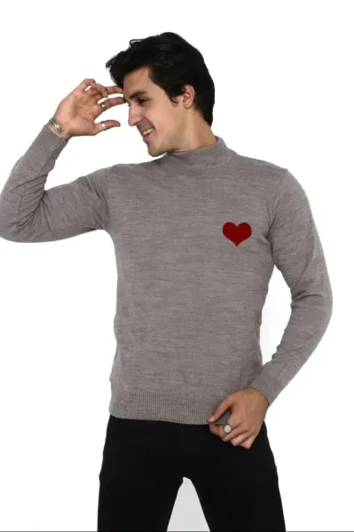Unisex Yarım Boğazlı Baskılı Dokuma Triko - Vizon