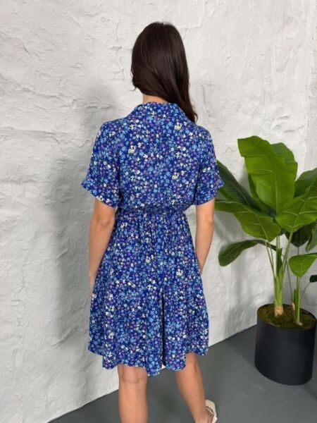 Baskılı Keten Elbise - Lacivert-Beyaz