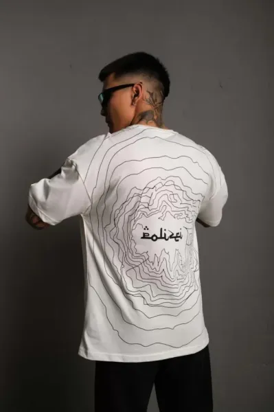 Erkek Bisiklet Yakalı Sırt Baskılı Oversize T-Shirt - Beyaz