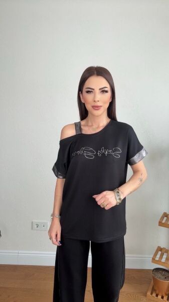 Kadın Kumaş Omuz Dekolteli Siyah Takım