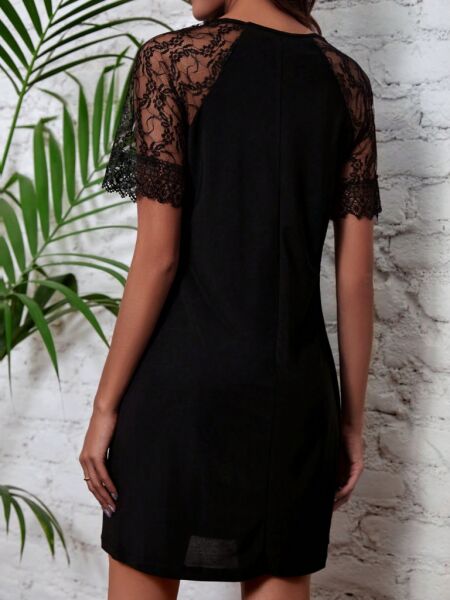 Kadın Dantelli Kısa Kollu Damla Yaka Krep Elbise