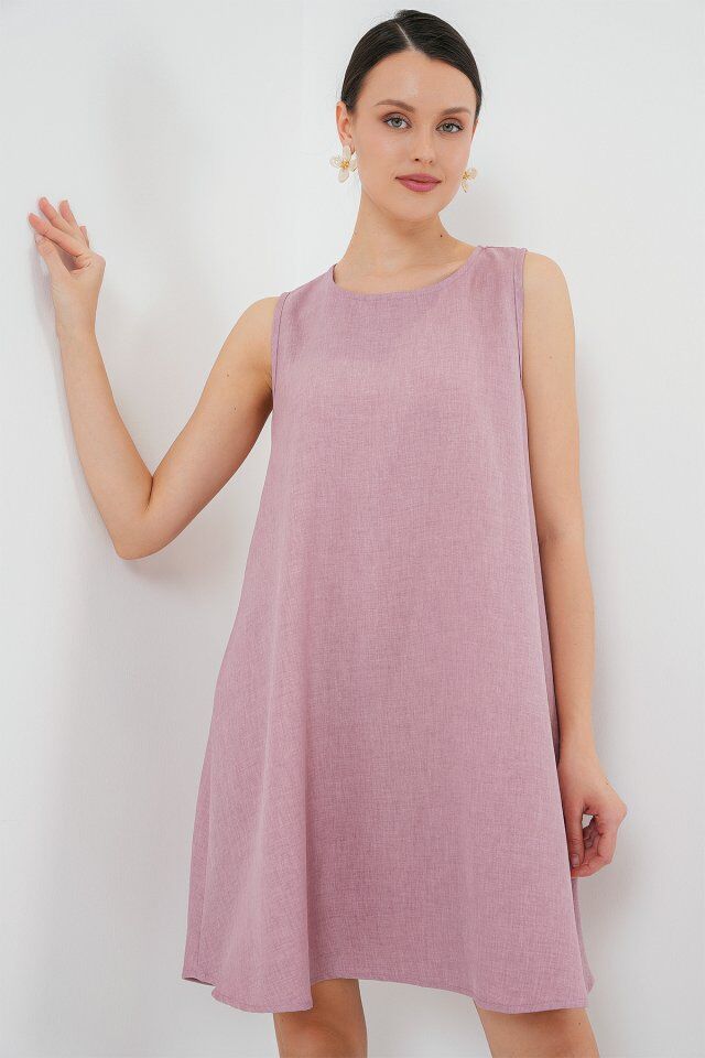 2444 Mini Keten Elbise - Pembe