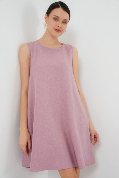 2444 Mini Keten Elbise - Pembe