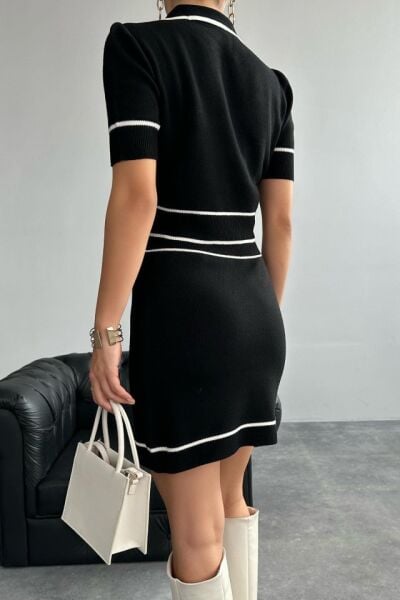 Kısa Triko Etekli Takım - Siyah-Krem