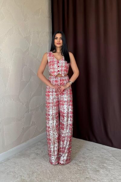 Kırmızı Pullu Yelek Ve Pantolon Takım