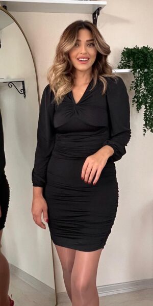 Kadın Uzun Kollu V Yakalı Yanlardan Büzgülü Kısa Sandy Elbise