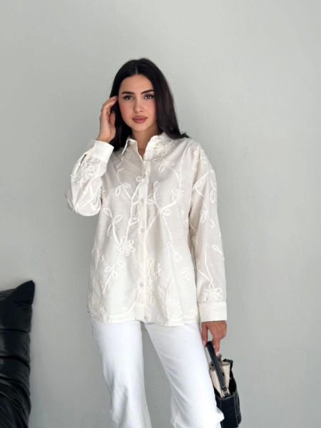 Nakışlı Uzun Kollu Gömlek - Beyaz