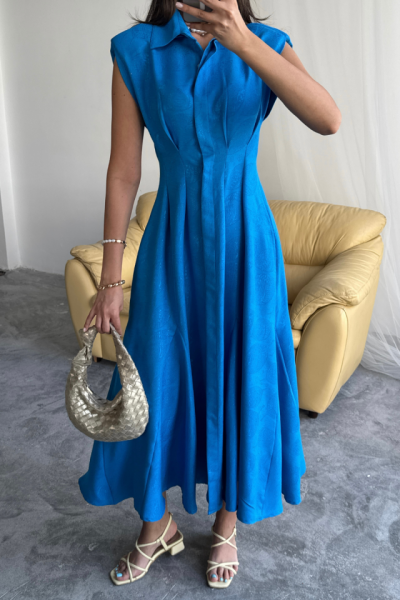 JAKARLI KETEN ELBİSE ÖNDEN YIRTMAÇLI CEPLİ - Saks