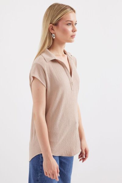 20123 Polo Yaka Örme Bluz - Bej