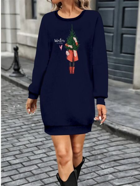 Kadın Uzun Kollu Bisiklet Yaka Desenli Kısa Viskon Iki Iplik Elbise